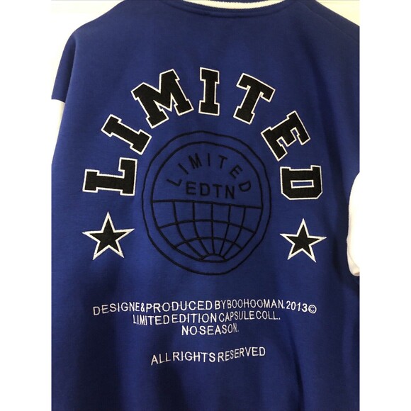 BOOHOOMAN VARSITY BOMBER JACKET Medium Blue Limited Edition 2013 Patches READ - Picture 2 of 11